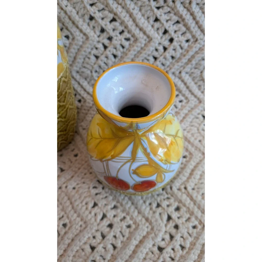 Vintage Italian FRATELLI FANCIULLACCI Pottery Vase Set Hand Painted Yellow Leaf
